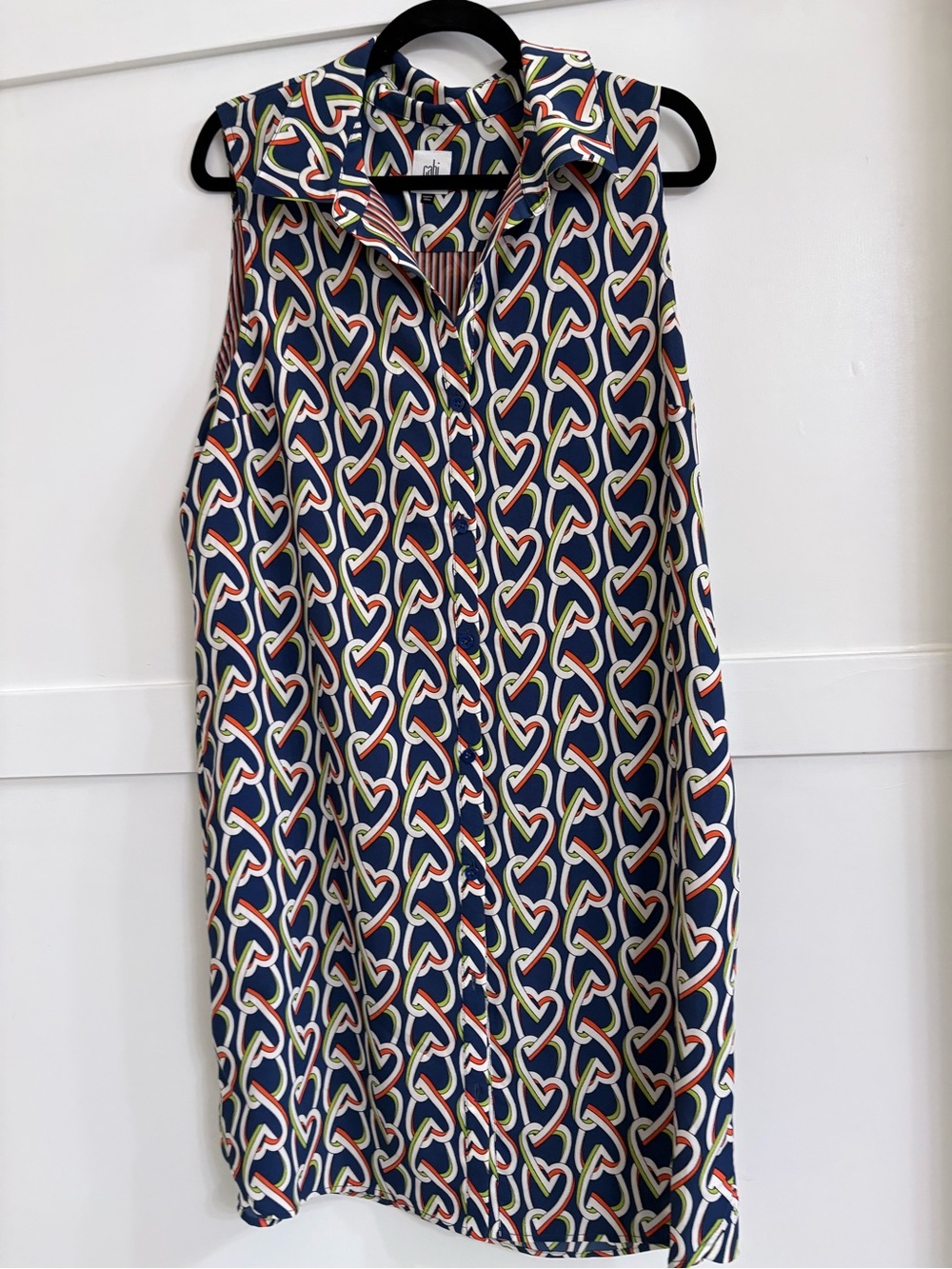 CAbi Sleeveless Midi Dress in Navy with Red, Green & Cream Heart Print